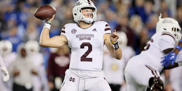 Will Rogers, #2 of the Mississippi State Bulldogs, against the Kentucky Wildcats at Kroger Field on Oct. 15, 2022 in Lexington, Kentucky.