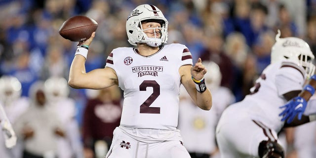 Will Rogers, #2 of the Mississippi State Bulldogs, against the Kentucky Wildcats at Kroger Field on Oct. 15, 2022 in Lexington, Kentucky.
