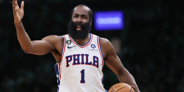 James Harden #1 of the Philadelphia 76ers reacts during the second half against the Boston Celtics at TD Garden on October 18, 2022 in Boston, Massachusetts.