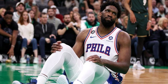 Joel Embiid of the Philadelphia 76ers reacts after being fouled during the Celtics game at TD Garden on Oct. 18, 2022, in Boston.