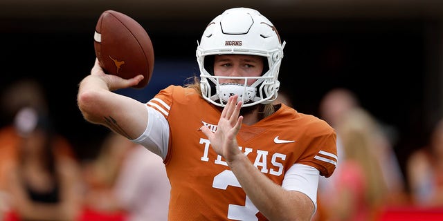 Quinn Ewers, #3 of the Texas Longhorns, throws a pass before the game against the Iowa State Cyclones at Darrell K Royal-Texas Memorial Stadium on Oct. 15, 2022 in Austin, Texas. 