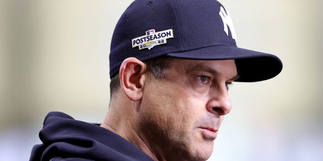 Manager Aaron Boone No. 17 of the New York Yankees take on the Houston Astros in the third inning of the second game of the American League Championship Series at Minute Maid Park on October 18. 20, 2022 in Houston, Texas.