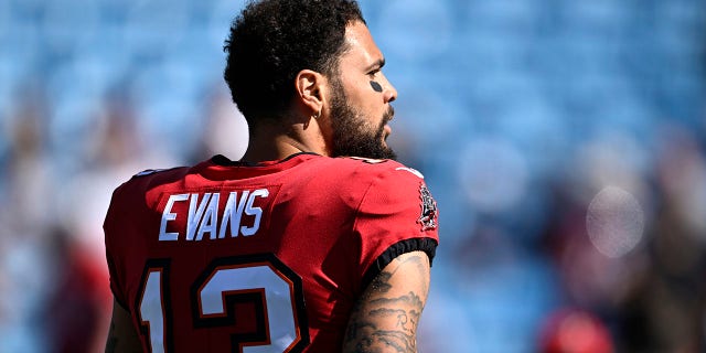 Mike Evans of the Buccaneers prepares to warm up before the Panthers game on Oct. 23, 2022, in Charlotte, North Carolina.