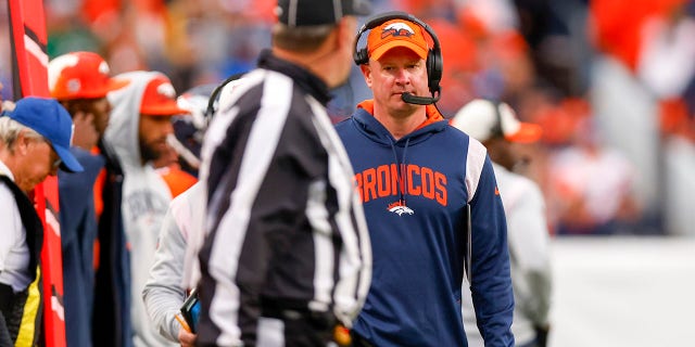 Denver Broncos head coach Nathaniel Hackett looks on against the New York Jets at Empower Field At Mile High on Oct. 23, 2022 in Denver.