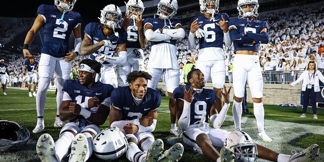 The Penn State Nittany Lions celebrate after a game against the Minnesota Golden Gophers at Beaver Stadium Oct. 22, 2022, in State College, Pa. 