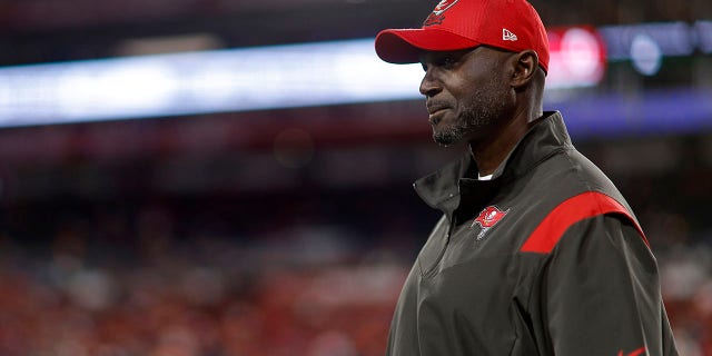 Head coach Todd Bowles of the Tampa Bay Buccaneers looks on during pregame warm-ups prior to a game against the Baltimore Ravens at Raymond James Stadium on Oct. 27, 2022 in Tampa, Florida.