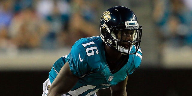 Antonio Dennard #16 of the Jacksonville Jaguars in action during a preseason game against the Atlanta Falcons at EverBank Field on Aug. 30, 2012 in Jacksonville, Florida.  