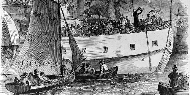 Engraved illustration of "Wedding of the Lakes with the Ocean," which depicts the arrival of the Seneca Chief into the New York harbor; there, Gov. Clinton emptied two barrels of water from Lake Erie into the Atlantic Ocean in New York in a formal ceremony, circa 1825.