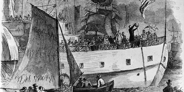 Engraved illustration of "Wedding of the Lakes with the Ocean," which depicts the arrival of the Seneca Chief into the New York harbor; there, Gov. Clinton emptied two barrels of water from Lake Erie into the Atlantic Ocean in New York in a formal ceremony, circa 1825.