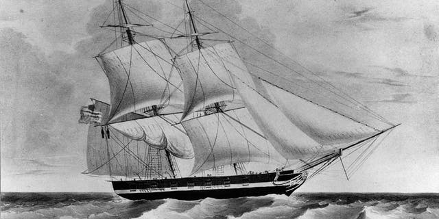 The U.S. brig-of-war Somers, which experienced a mutiny on her return voyage from the African coast in 1842. The hanging of the three ringleaders, Philip Spencer, Samuel Cromwell and Elijah Small, from the yardarm brought a quick end to the mutiny. It remains the only mutiny in U.S. Navy history. Original artwork printed by Nathaniel Currier. 