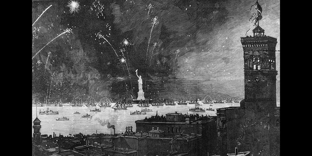 An illustration of the inauguration of Bartholdi's Statue of Liberty in New York. Original Publication: Illustrated London News.
