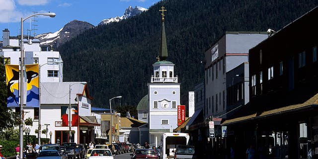 A street scene on Baranof Island, Sitka, Alaska, with St. Michael's Cathedral. The Alaska territory was officially transferred from Russia to the United States with a flag ceremony in Sitka on Oct. 18, 1867. 