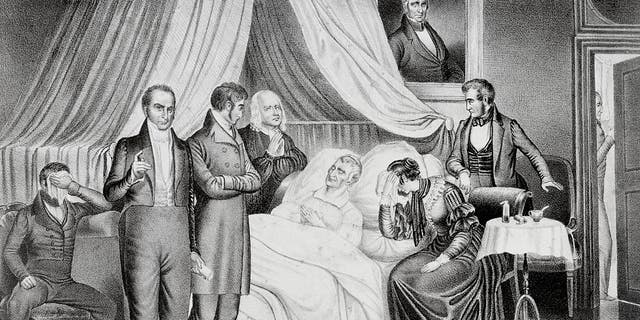 Death of William H. Harrison on April 4, 1841. Daniel Webster, Dr. Hawley F. Granger and William Harrison.