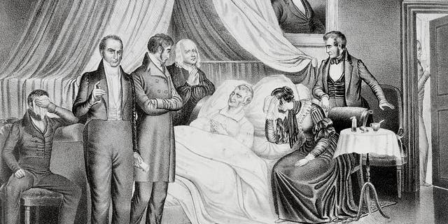 Death of William H. Harrison on April 4, 1841. Daniel Webster, Dr. Hawley F. Granger and William Harrison.