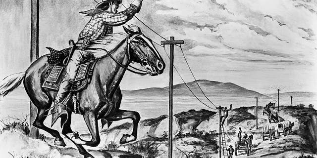 Pony Express rider passes the transcontinental telegraph line under construction in this meeting of two epochs of communication in an 1861 drawing. The Pony Express was discontinued on Oct. 26, 1861, just two days after the first transcontinental telegraph was sent from California to President Lincoln in Washington, D.C.