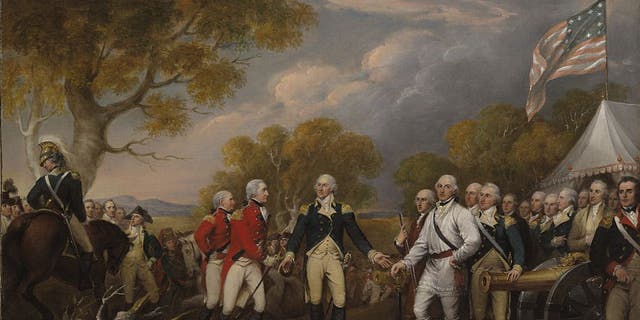 Battle of Saratoga, the British General John Burgoyne surrendering to the American General, Horatio Gates, Oct. 17, 1777; painting from Yale University circa 1822-32.