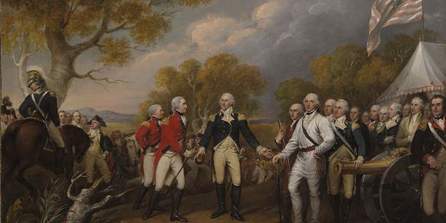 Battle of Saratoga, the British General John Burgoyne surrendering to the American General, Horatio Gates, Oct. 17, 1777; painting from Yale University circa 1822-32.