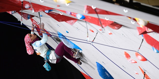 Iran's Elnaz Rekabi competes in the Women's Lead qualification at the indoor World Climbing and Paraclimbing Championships 2016 at the Accor Hotels Arena in Paris on September 14, 2016. 