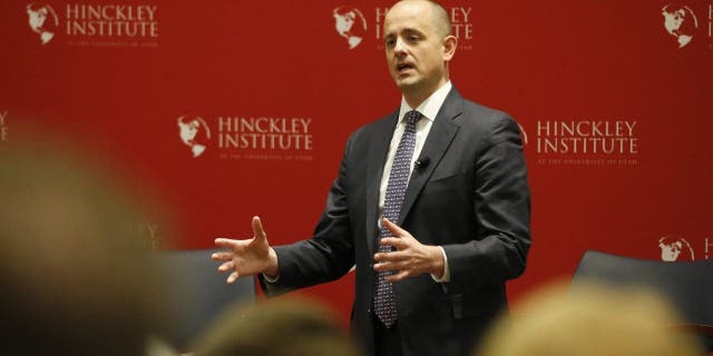 US independent presidential candidate Evan McMullin talks to students at the University of Utah's Hinckley Institute on November 2, 2016, in Salt Lake City, Utah.