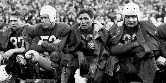 Halfback Charley Trippi of the Chicago Cardinals, along with Vic Schwall (37), Bill Campbell(53) and Vince Banonis (32) on the bench during a 45-to-21 loss to the Washington Redskins on November 23, 1947, at Griffith Stadium in Washington, DC. 