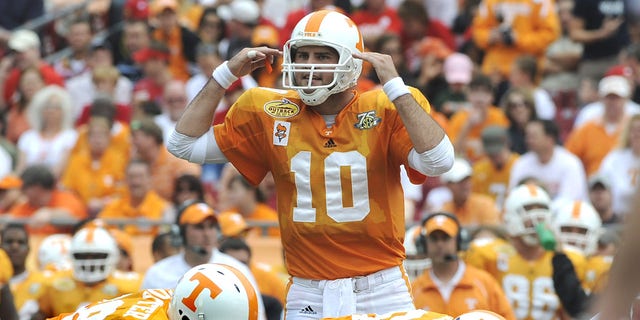 Quaarterback Erik Ainge, #10 of the Tennessee Volunteers, calls a play against the Wisconsin Badgers in the 2008 Outback Bowl at Raymond James Stadium on Jan. 1, 2008 in Tampa, Florida. The Volunteers won 21 - 17. 