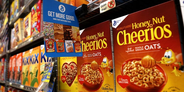 Boxes of General Mills' Honey Nut Cheerios are displayed at Scotty's Market on September 20, 2017 in San Rafael, California.