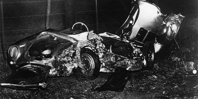 The mangled wreck of actor James Dean's Porsche 550 Spyder after his fatal crash on September 30, 1955, near Cholame, California.