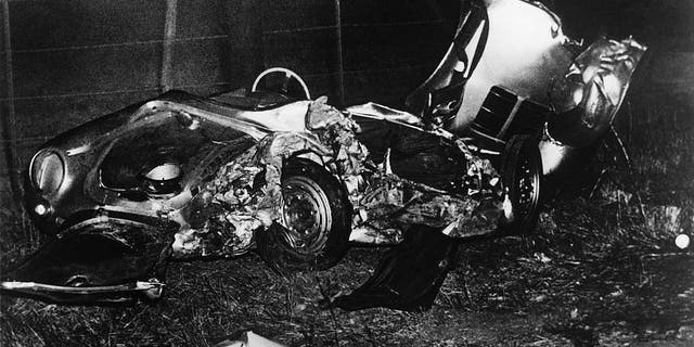 The mangled wreck of actor James Dean's Porsche 550 Spyder after his fatal crash on September 30, 1955, near Cholame, California.