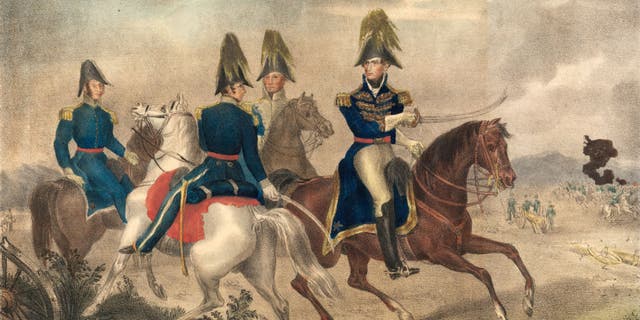 General William Henry Harrison and staff on horseback during the Battle of the Thames, Oct. 5, 1813.