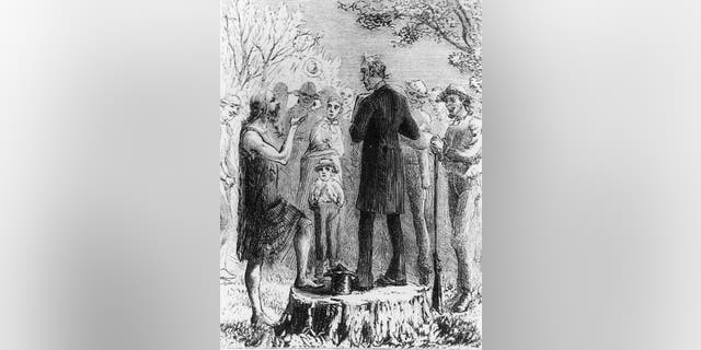 Illustration of Johnny Appleseed making a speech, circa 1820. A legendary figure in American history, he spread apples and goodwill through the Midwest.