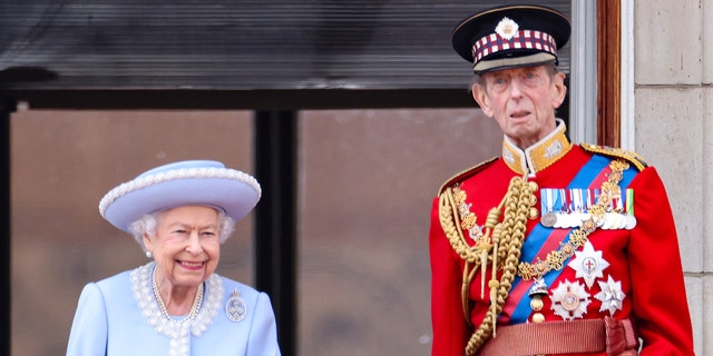 Queen Elizabeth II and Prince Edward, Duke of Kent on the balcony of Buckingham Palace during the Trooping the Colour parade on June 2, 2022, in London. The queen passed away on Sept. 8 at Scotland's Balmoral Castle. She was 96.