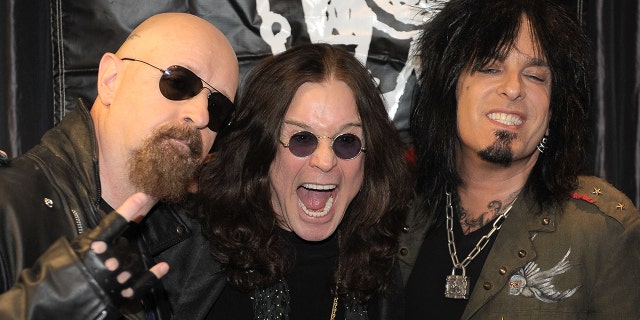 Rob Halford, left, Ozzy Osbourne, center, and Nikki Sixx announce Ozzfest 2010 at Sixx Sense Studio on April 30, 2010 in Sherman Oaks, California.