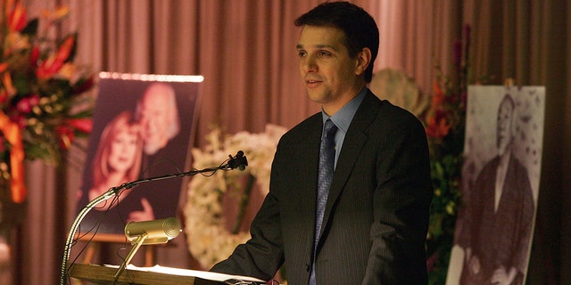 Actor Ralph Macchio speaks during a memorial service for Pat Morita, his co-star in the movie 