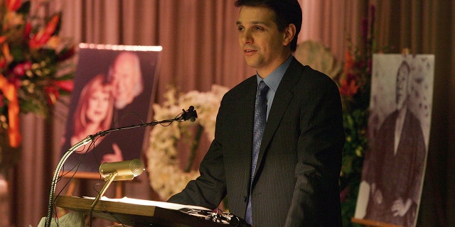Actor Ralph Macchio speaks at a memorial service for Pat Morita, his co-star in the film "The Karate Kid", at the Palm & Mortuary; Memorial Park on November 30, 2005 in Las Vegas, Nevada. Morita, Oscar nominee for his role in the film, has died aged 73.