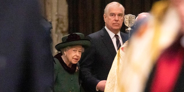 Queen Elizabeth II was escorted by Prince Andrew, Duke of York, for the service of thanksgiving honoring the Duke of Edinburgh March 29, 2022, in London.