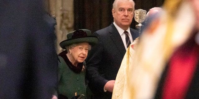 Queen Elizabeth II was escorted by Prince Andrew, Duke of York, for the service of thanksgiving honoring the Duke of Edinburgh March 29, 2022, in London.