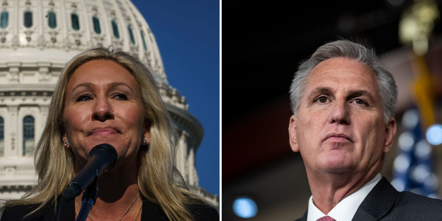 Marjorie Taylor Greene and Kevin McCarthy in a side-by-side photo illustration. 