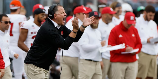 Rutgers head coach Greg Schiano instructs his team against Ohio State during the first half of an NCAA college football game, Saturday, Oct. 1, 2022, in Columbus, Ohio. 