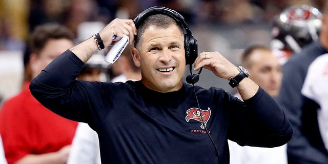 Head coach Greg Schiano of the Tampa Bay Buccaneers watches the action against the Saints at the Mercedes-Benz Superdome on Dec. 29, 2013, in New Orleans.