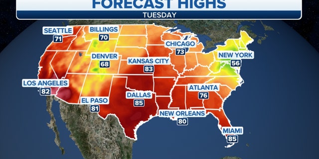 Tuesday forecast highs across the U.S.