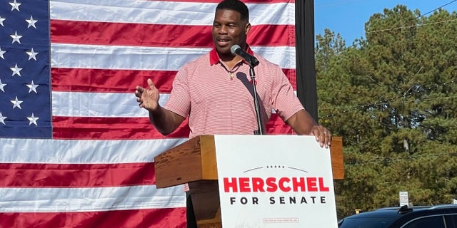 Herschel Walker speaks at a campaign rally on Oct. 27, 2022, in Cumming, Georgia.