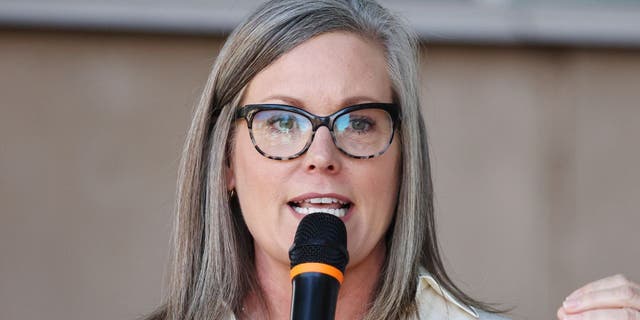 Arizona Secretary of State and Democratic gubernatorial candidate Katie Hobbs speaks at a press conference calling for abortion rights outside the Evo A. DeConcini U.S. Courthouse on October 7, 2022 in Tucson, Arizona.