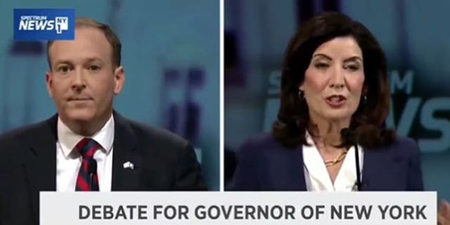 Lee Zeldin and New York Gov. Kathy Hochul debate last week. Zeldin has made New York state's crime rate a key part of his campaign against Hochul. 