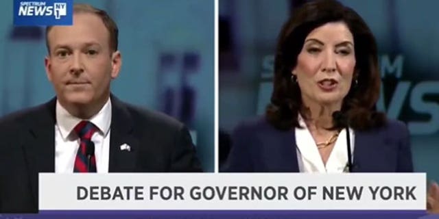 Lee Zeldin and New York Gov. Kathy Hochul debate last week. Zeldin has made New York state's crime rate a key part of his campaign against Hochul. 