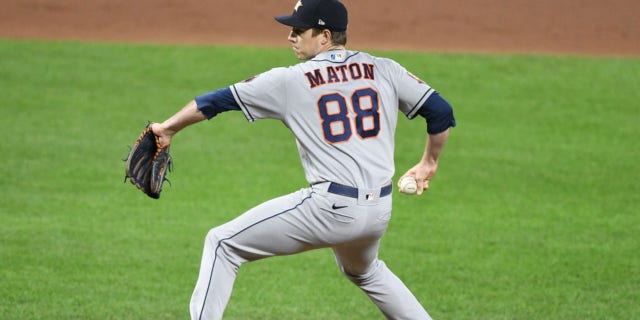 Phil Maton of the Houston Astros pitches during a game against the Baltimore Orioles at Oriole Park at Camden Yards Sept. 23, 2022, in Baltimore.