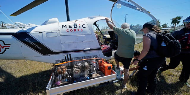 Des membres de mediccorps.org, arrivés avec deux hélicoptères, des ambulanciers paramédicaux et des volontaires, aident à évacuer Paul Koch et certains de ses chiens, à la suite de l'ouragan Ian sur Pine Island, en Floride, le samedi 1er octobre 2022. 