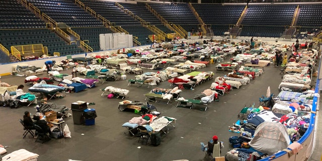 Cots cover the floor of Hertz Arena, an ice hockey venue that has been transformed into a massive relief shelter, in Estero, Fla., on Saturday, Oct. 8, 2022.