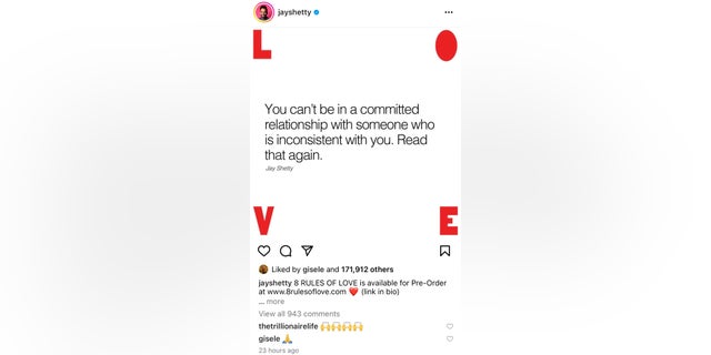 Jay Shetty posted on Instagram to promote his new book "8 Rules of Love." Gisele Bündchen seemingly resonated with his message.