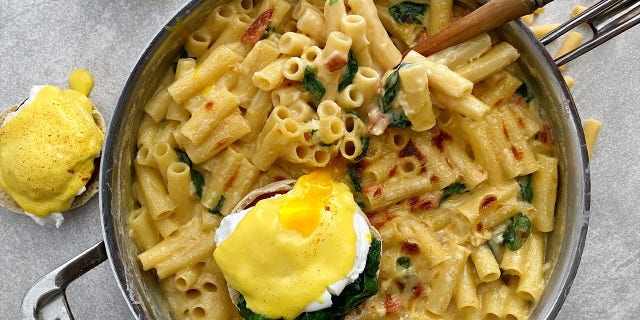Eggs Benedict Mac and Cheese prepared by Magnolia Network chef and host of "Recipe Lost and Found" Casey Corn — and shared with Fox News Digital.