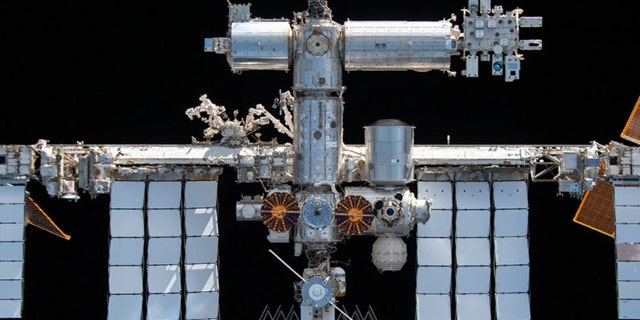 The International Space Station is pictured from the SpaceX Crew Dragon Endeavour during a fly around of the orbiting lab that took place on Nov. 8, 2021.